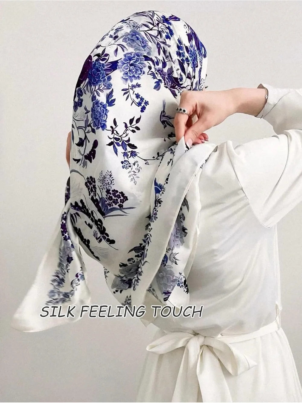 Blue Lightweight Satin Floral Neck Scarf  Bandana